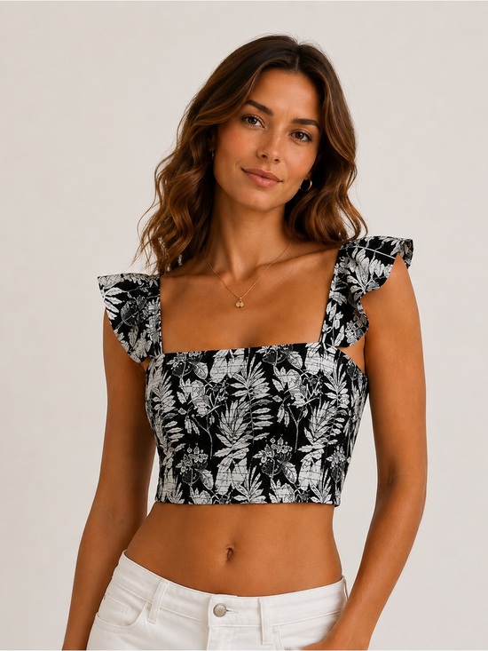 Lulus Tops - Lulu's Black and White Ruffled Sleeveless Crop Top